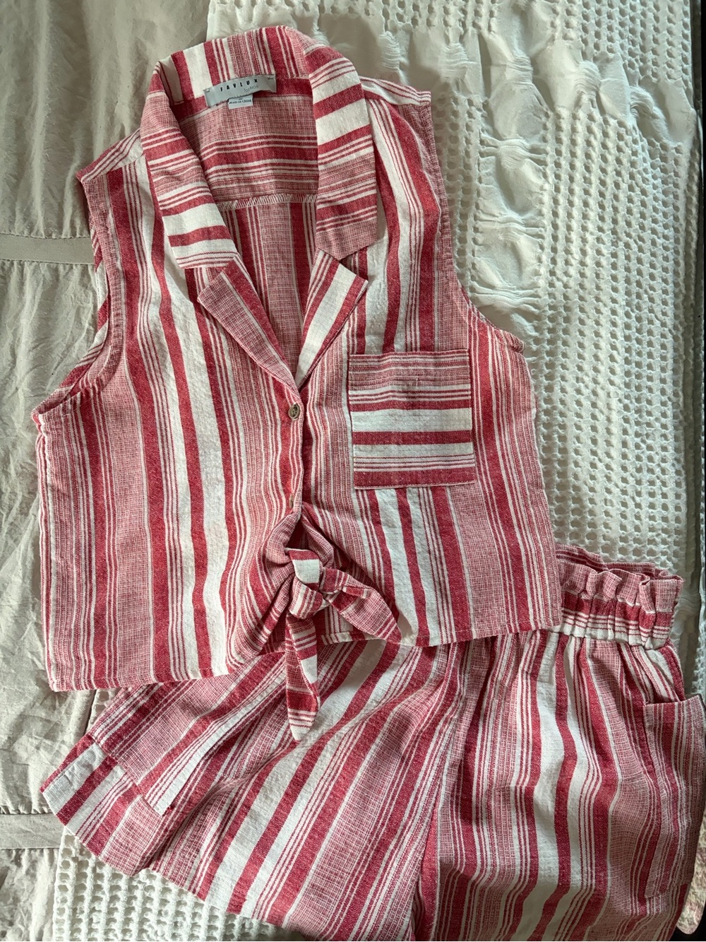Striped Tie-Front Sleeveless Top & Shorts Set - Red & White